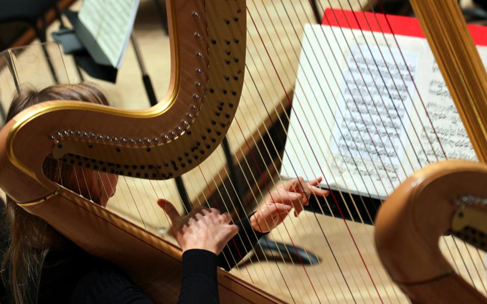Woman playing the harp and reading sheet music