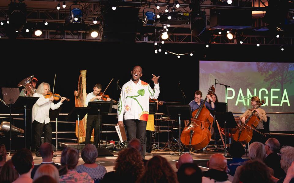 Love Ssega performing with members of the Philharmonia at the Clore Ballroom at Royal Festival Hall